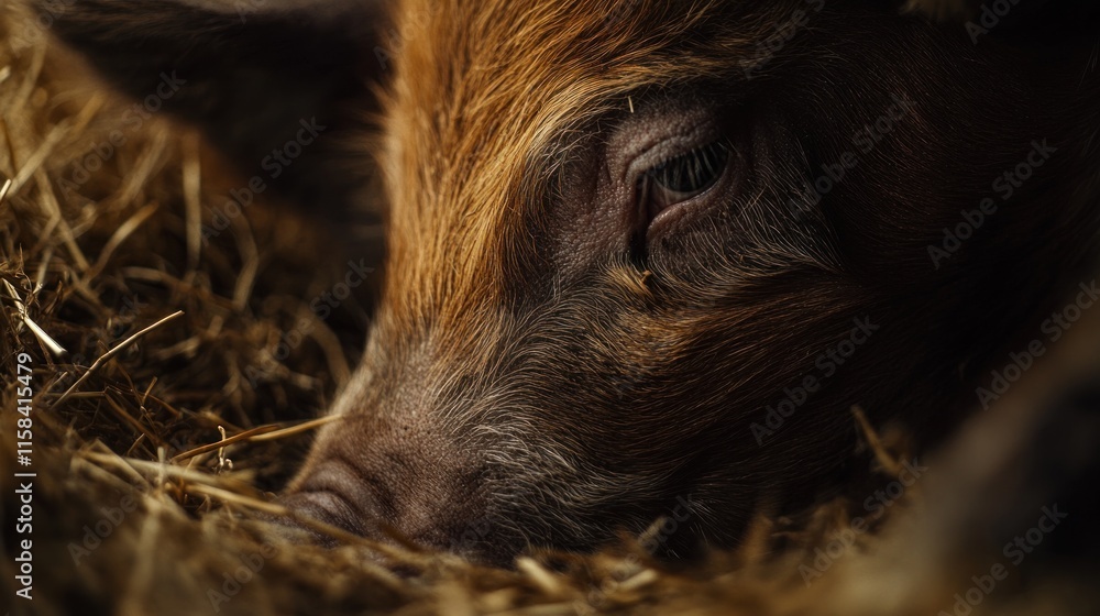 Poster close-up of a piglet's eye and snout nestled in hay.