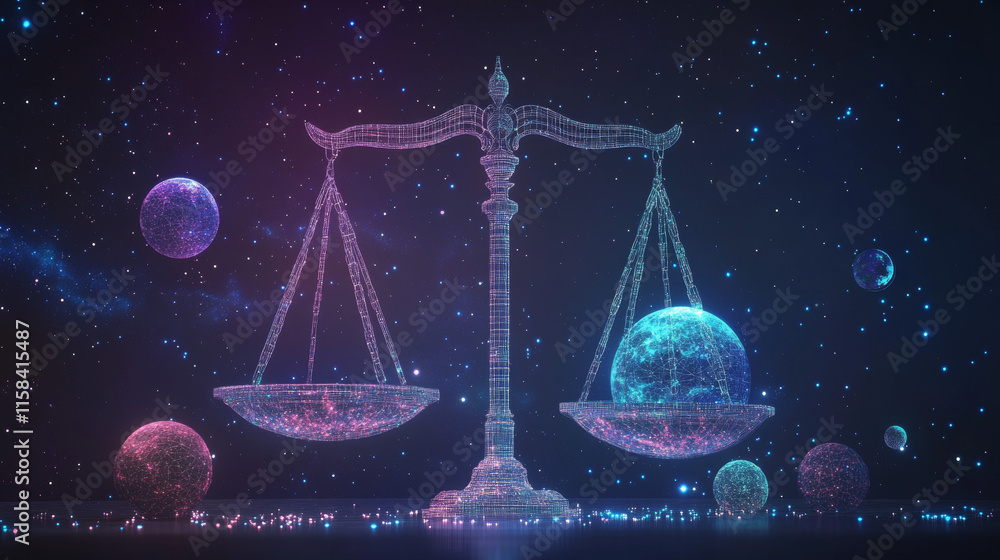 Poster abstract image of a scales in the form of a starry sky or space, consisting of points, lines, and sh