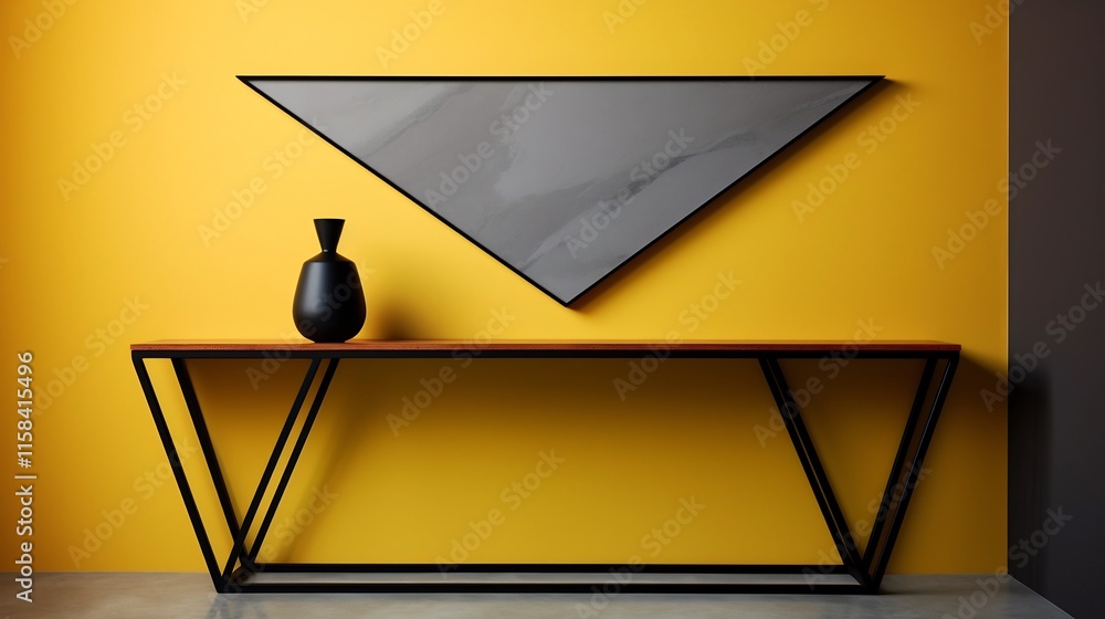 Poster elegant angular black bordered frame positioned on a pearl yellow architectural wall with a modern m