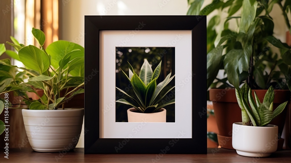 Poster sleek and modern black frame with sharp clean borders positioned near lush potted plants against a w