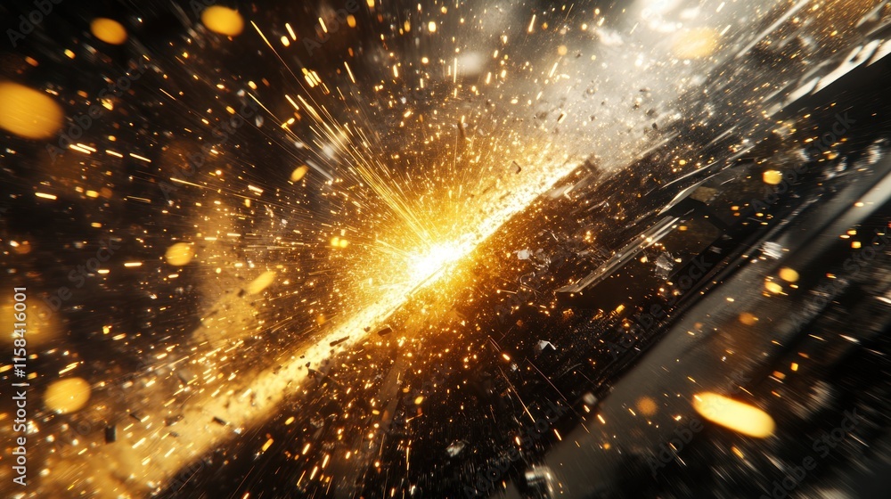 Aufkleber Abstract image of golden sparks exploding from a central point, creating a dynamic and energetic visual.