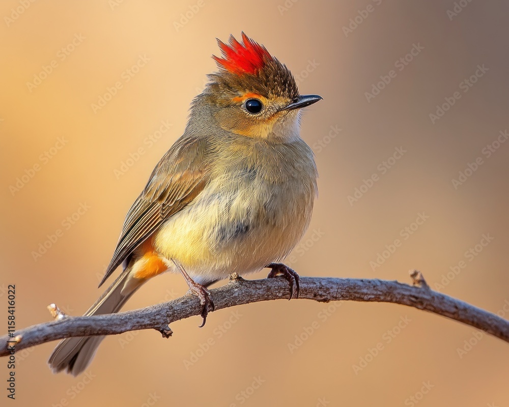 Poster Red-crested Firecrest perched on a twig against a blurred background.