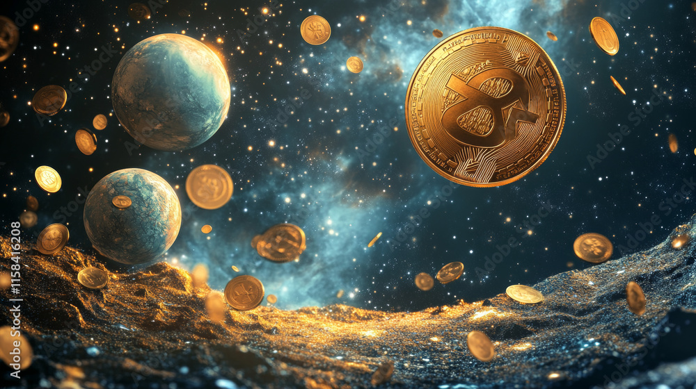Poster abstract image of a hand with dollar coin in the form of a starry sky or space, consisting of points