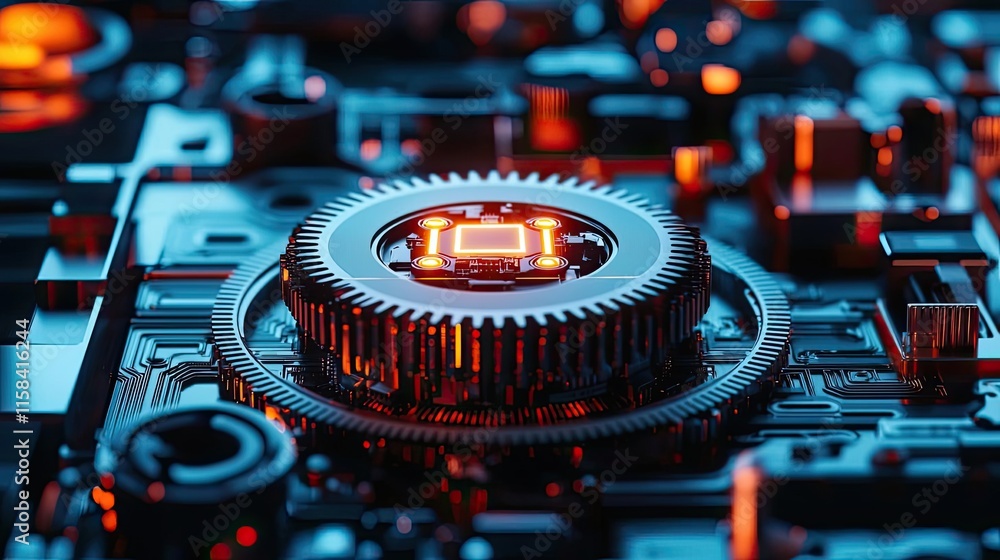 Poster gear mechanism concept. close-up of a futuristic microchip with glowing components and intricate det