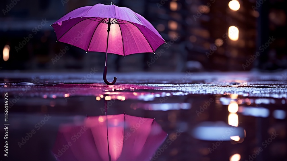 Poster captivating purple umbrella gently placed in a puddle creating a mesmerizing reflection that capture