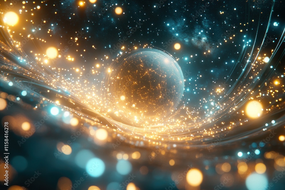 Poster futuristic planet surrounded by glowing particles and cosmic energy streams in deep space.