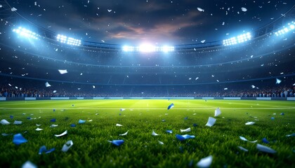 A soccer field at night, filled with colorful confetti, capturing the joy and energy of a football celebration