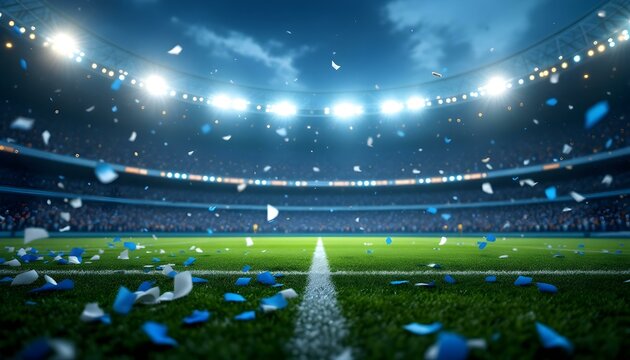 A lively soccer field under the night sky, featuring a burst of confetti that adds to the festive spirit - Powered by Adobe