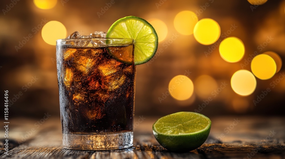 Poster refreshing iced cola drink with lime in a glass on a wooden table.