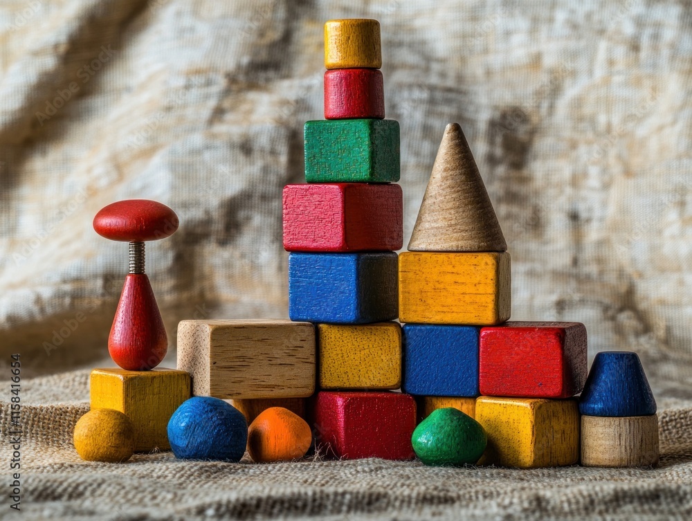 Poster Colorful wooden blocks and shapes arranged on a fabric background, forming a small castle-like structure.