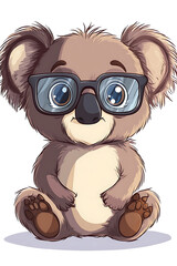 Fototapeta premium A cute cartoon koala wearing glasses, sitting down with a friendly expression.