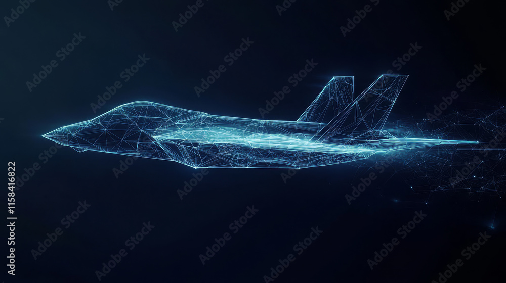 Poster fighter jet in flight from abstract polygonal points blue. low poly fighter in motion, lines and con