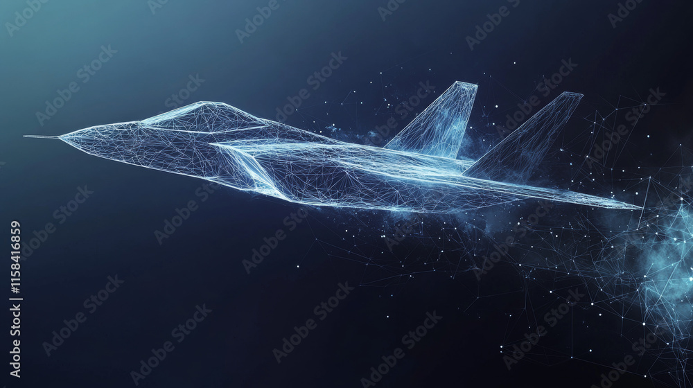 Poster fighter jet in flight from abstract polygonal points blue. low poly fighter in motion, lines and con