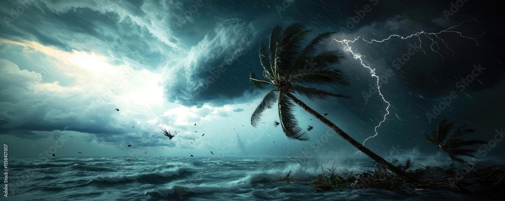 Poster florida hurricane idea. a dramatic stormy scene with lightning illuminating dark clouds and swaying 
