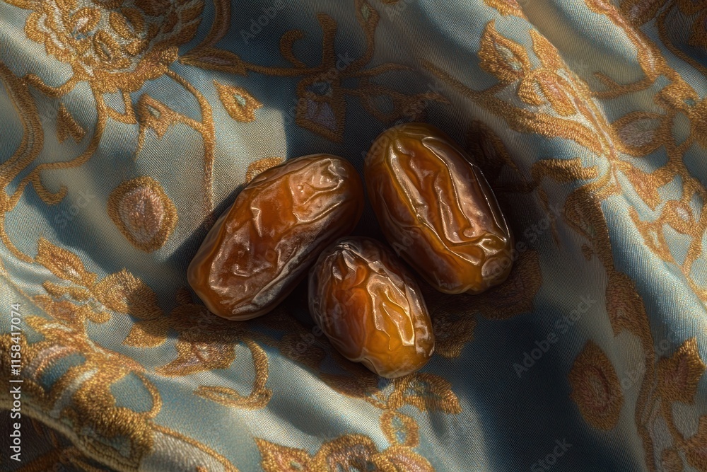 Poster three ripe dates rest on an ornate fabric.