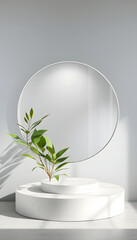Empty round product stand with glass shower screen and green plant Natural beauty concept Mock up Bathroom podium, silhouette, with white tones