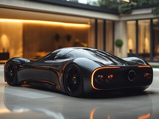 Sleek black sports car in modern garage. (1)