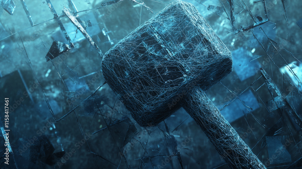 Poster polygonal hammer of a judge. vector mesh spheres from flying debris. thin line concept. blue structu