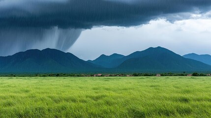 Fototapeta premium Florida hurricane idea. Dramatic storm clouds over lush green fields and distant mountains create a breathtaking view.