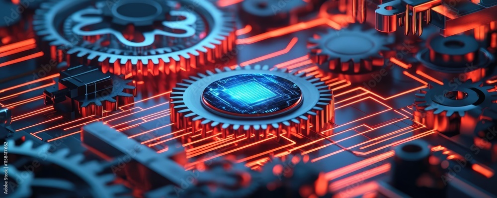 Poster gear mechanism concept. intricate close-up of circuit board with gears and glowing elements in vibra