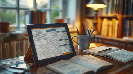 A tablet on a desk surrounded by study materials, displaying split screens with a note-taking app and a digital textbook. The setting reflects a modern study environment.