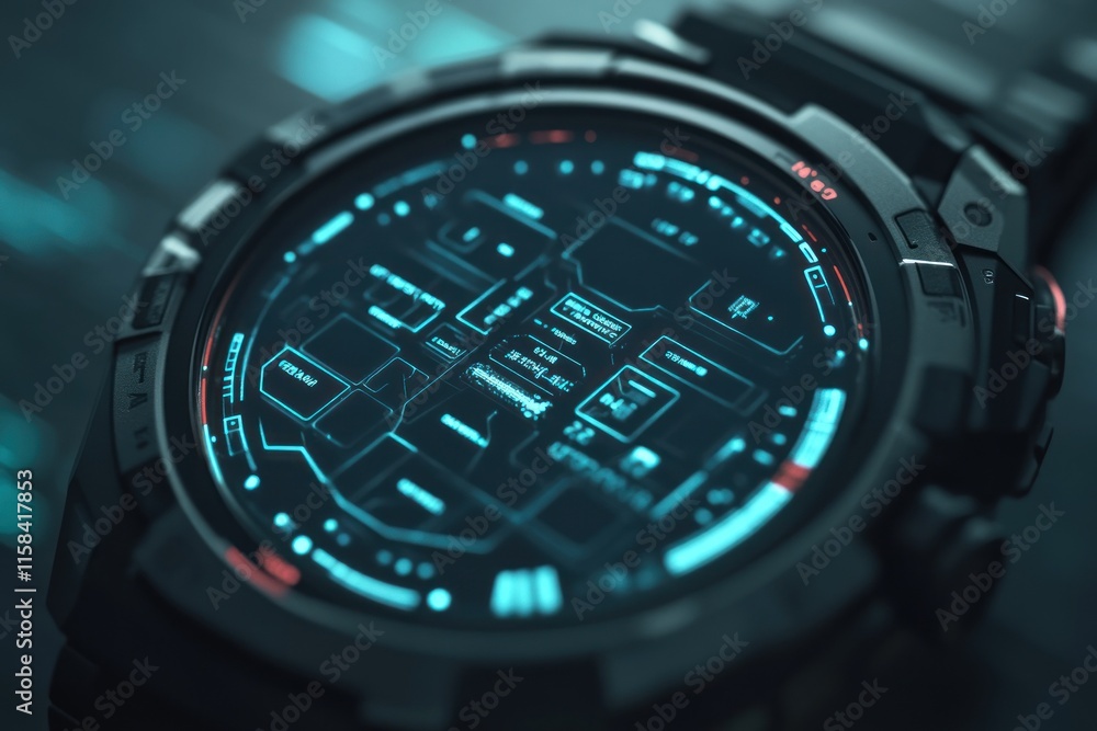 Fototapete close-up of a futuristic smartwatch displaying digital data on its screen.