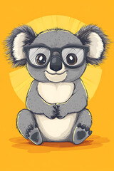 Fototapeta premium A cute cartoon koala wearing glasses, smiling against a bright yellow background.