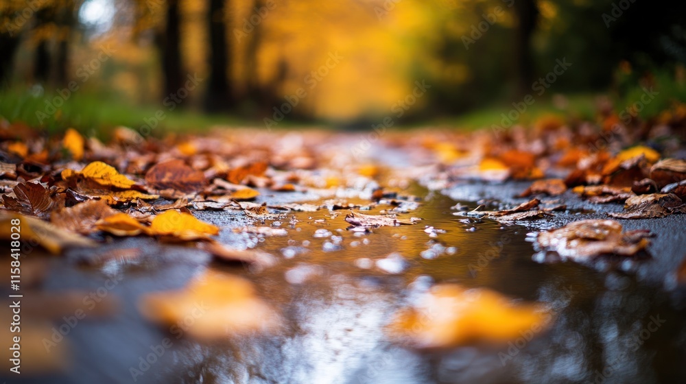 Poster wet autumn leaves on a path in a park.
