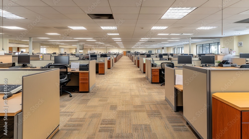 Poster Empty modern office space with rows of desks and cubicles.