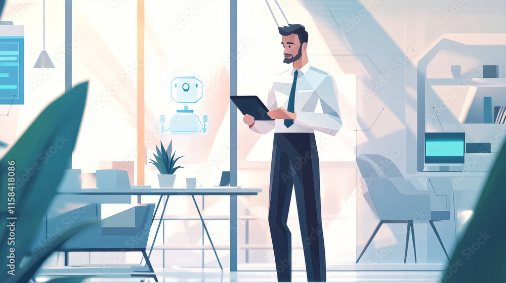 Aufkleber abstract digital businessman with tablet uses chatbot app. concept of artificial intelligence and te