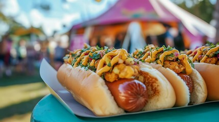 Close-up view of vegan hotdogs with fresh toppings on a serving platter in front of a whimsical festival tent