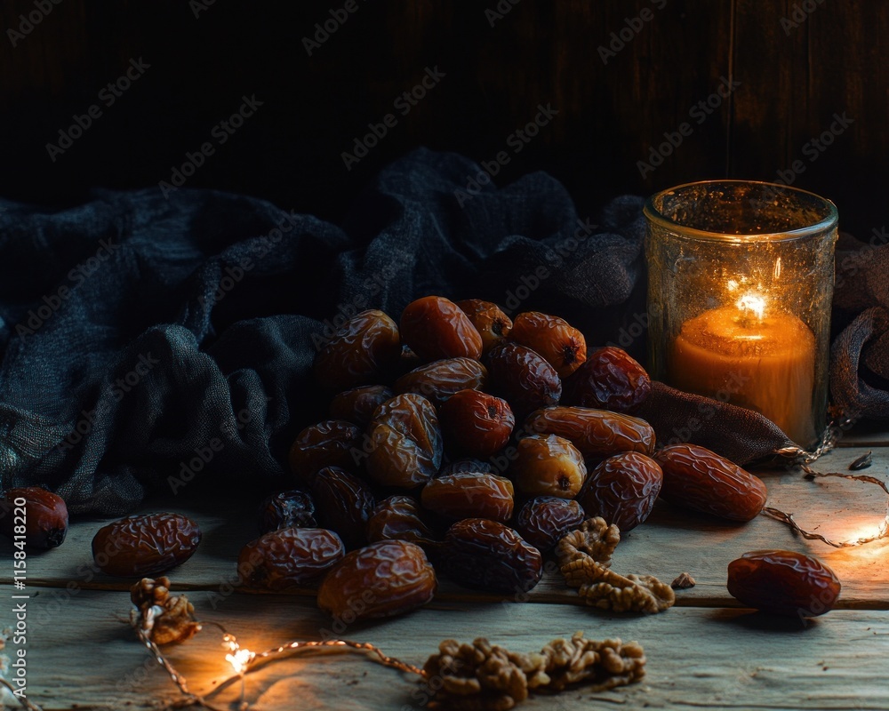 Poster pile of dried dates and walnuts on wooden table with candlelight.