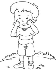 Cute cartoon hand drawn vector crying boy coloring page.