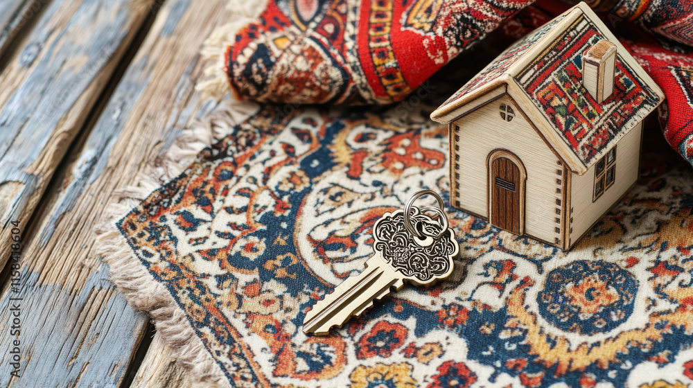 Poster decorative key and house shaped keychain on patterned fabric, symbolizing home and security. intrica