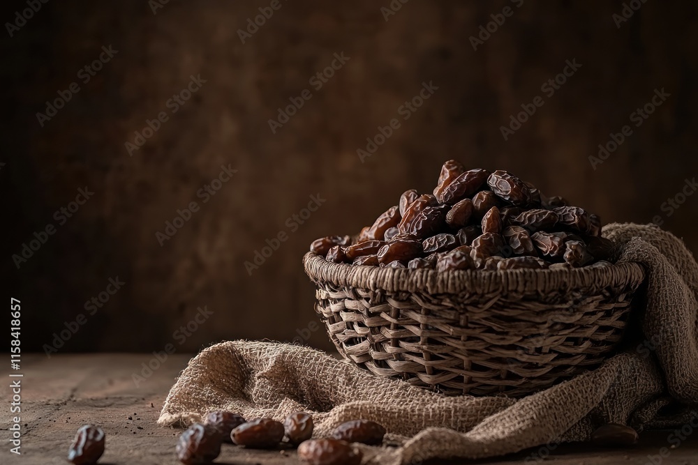 Poster Dried dates in a wicker basket on a rustic wooden table.