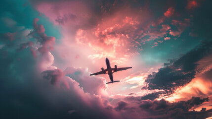 Naklejka premium Airplane Soaring Through a Vibrant Sunset Sky
