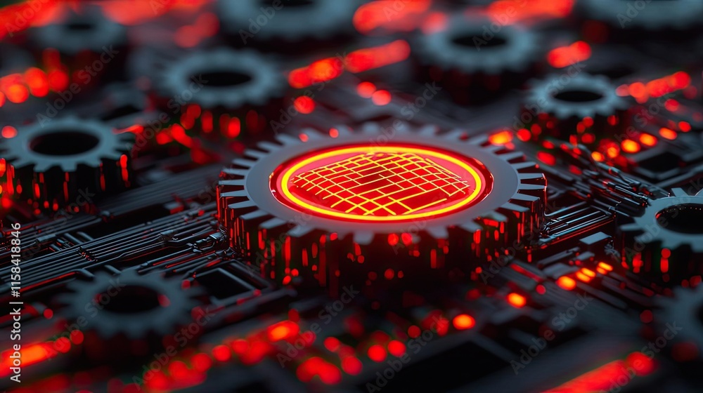 Poster gear mechanism concept. close-up of intricate gears with glowing red elements in a technological des