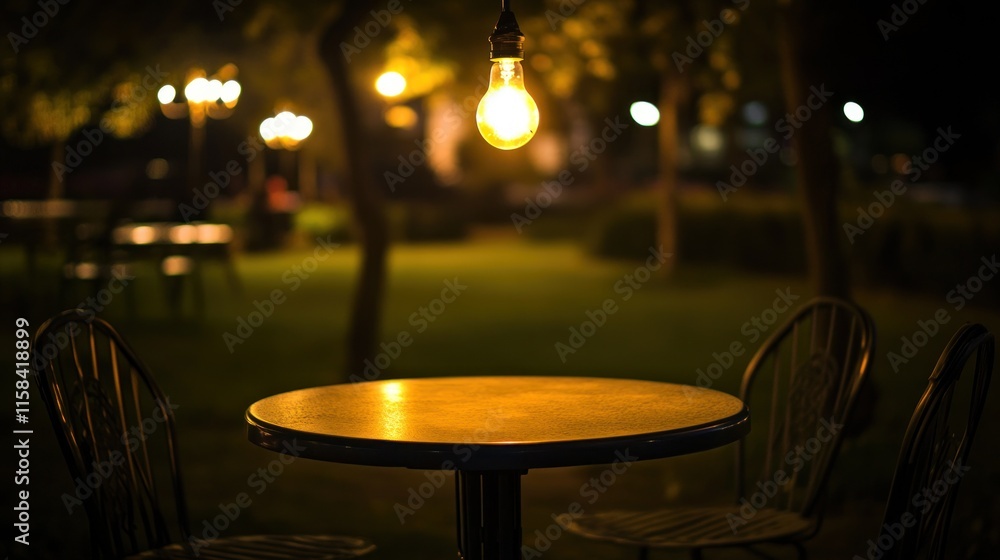 Poster empty table with chairs at night, illuminated by a hanging light bulb in a park.