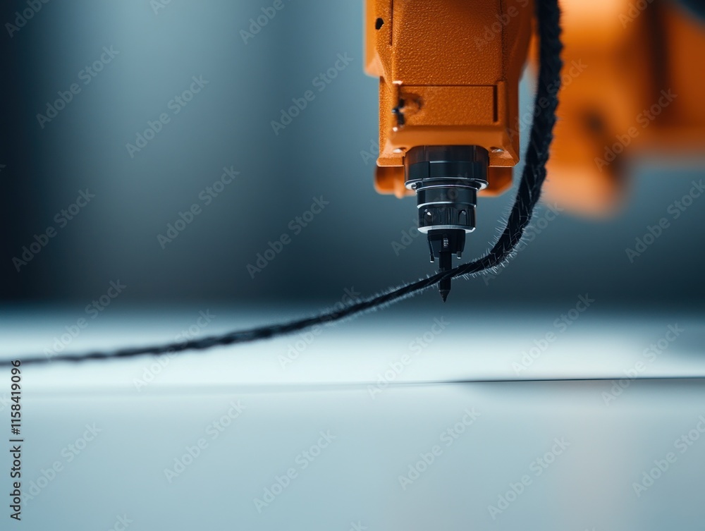 Poster close-up of robotic arm with a needle drawing a line on a surface.