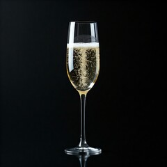 "A tall, slender champagne flute filled with sparkling wine and rising bubbles against a black background, highly detailed, photorealistic, 8k, studio lighting"
