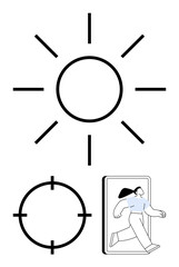 Sun symbol, target, and walking woman in blue exiting a door frame. Ideal for business, goal-setting, time management, productivity, personal growth motivation and design projects. Line metaphor