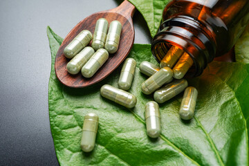 Pile of herbal capsules on wooden spoon with herbs and green natural Betel pepper leaf background
