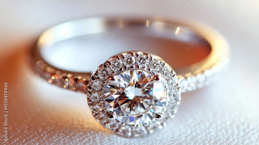 Poster close-up of a sparkling diamond engagement ring on a soft background.