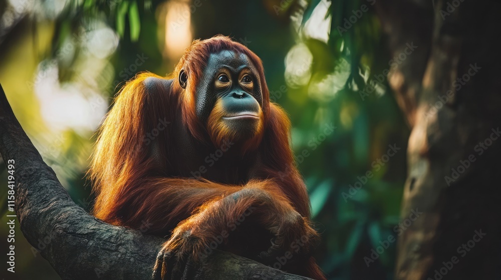 Aufkleber orangutan sitting on a tree branch in a lush rainforest.