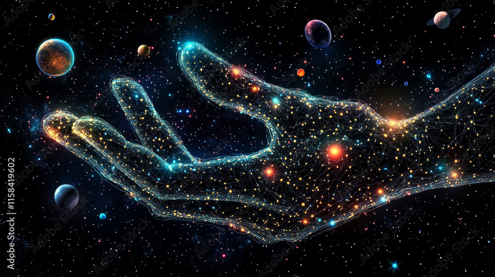 Poster abstract image of a smartphone in hand in the form of a starry sky or space, consisting of points, l