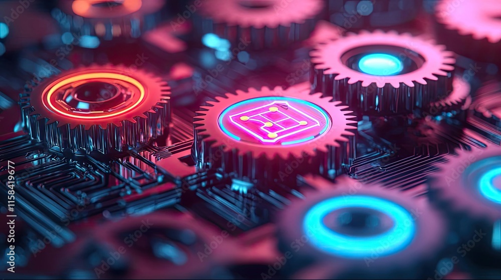 Poster gear mechanism concept. close-up view of colorful gears and circuits in a futuristic technology envi