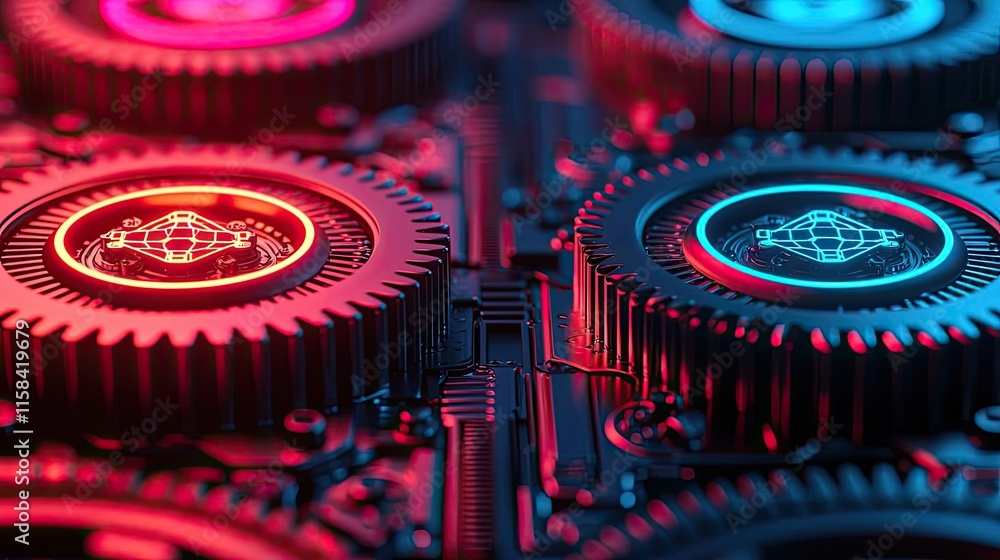 Poster gear mechanism concept. close-up of vibrant gears with illuminated patterns in blue and red tones.