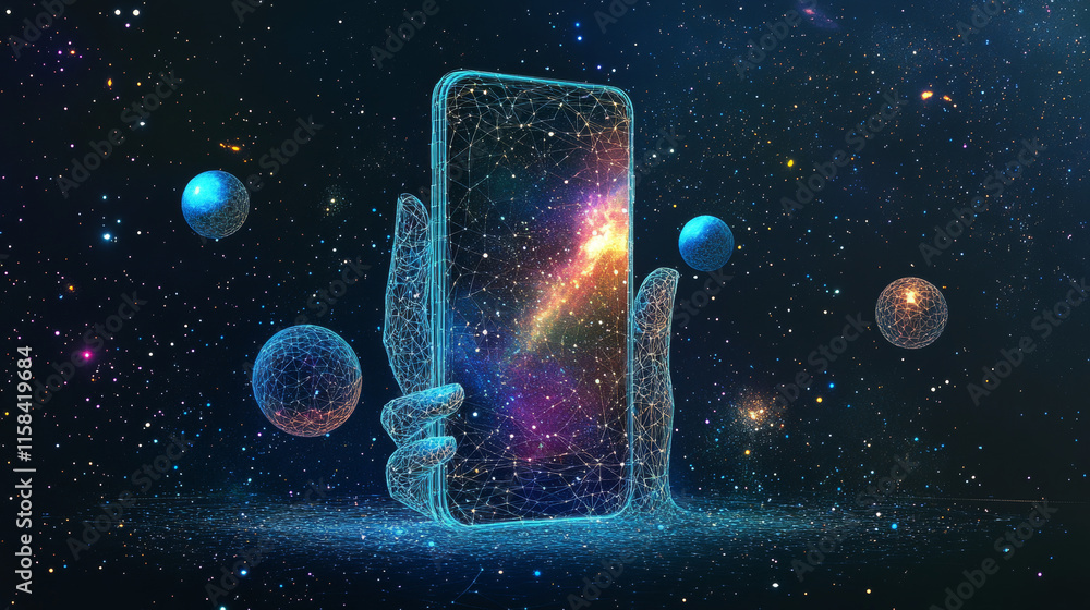 Poster abstract image of a smartphone in hand in the form of a starry sky or space, consisting of points, l