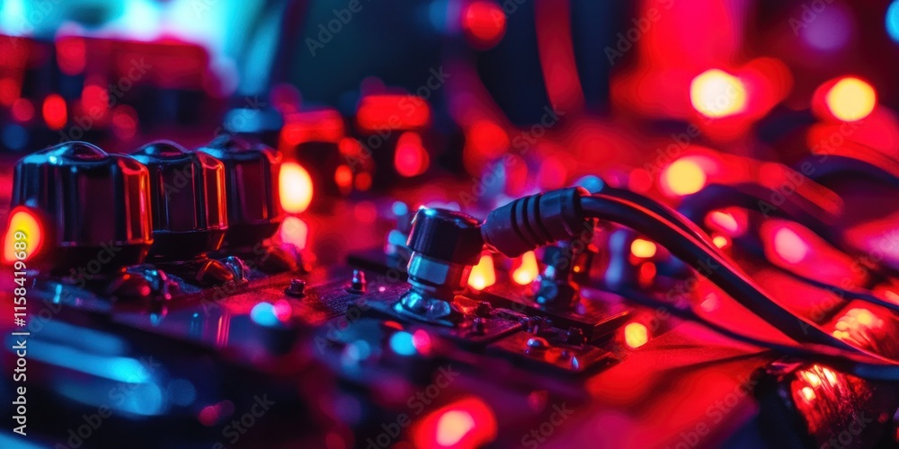 Poster close-up of illuminated control panel with knobs, buttons, and cables.