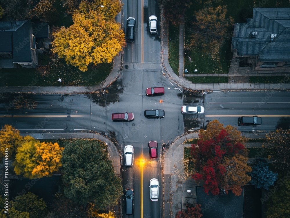 Poster aerial view of a four-way intersection with cars and autumn trees.